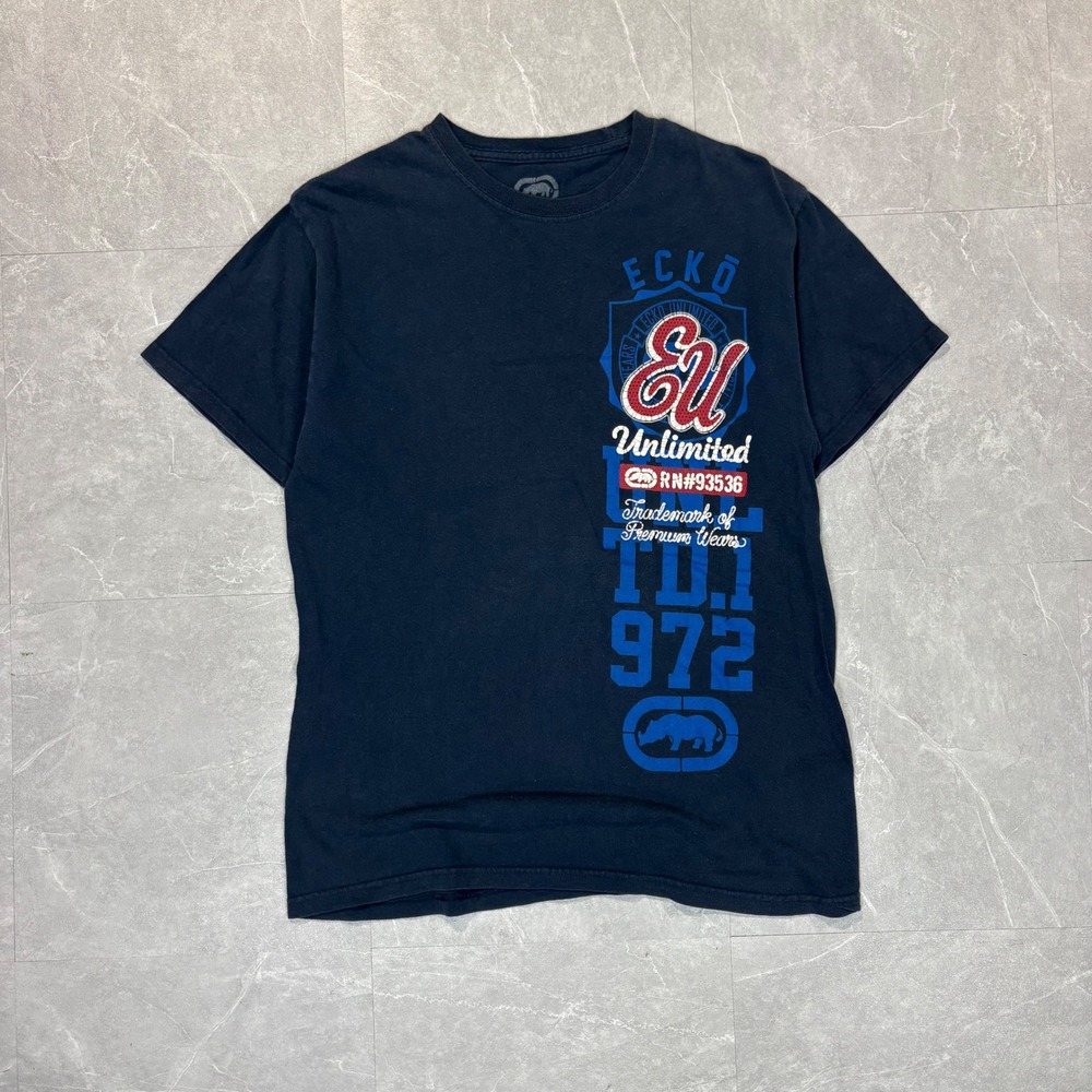Ecko Unltd Mens Navy Blue Graphic T-Shirt Rhino Logo EU 1972 Streetwear Medium